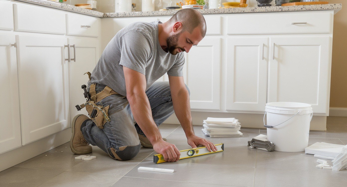 Tile floor installation in a sunlit San Diego living room